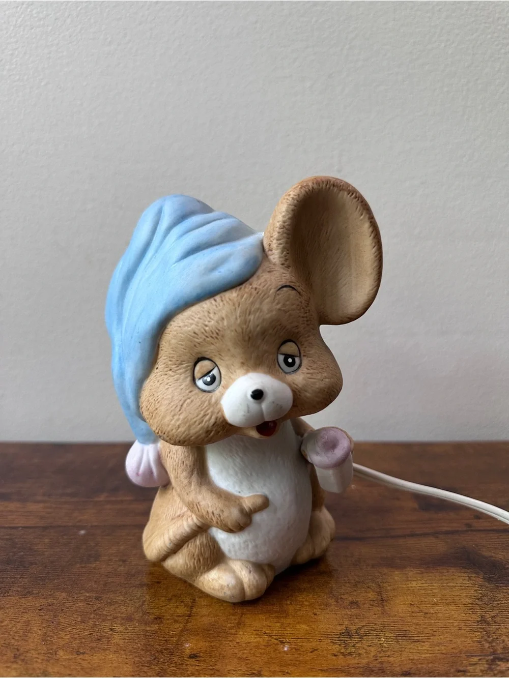 Vintage Josef Originals Sleepy Baby Mouse Ceramic Night Light Lamp Blue Hat 6